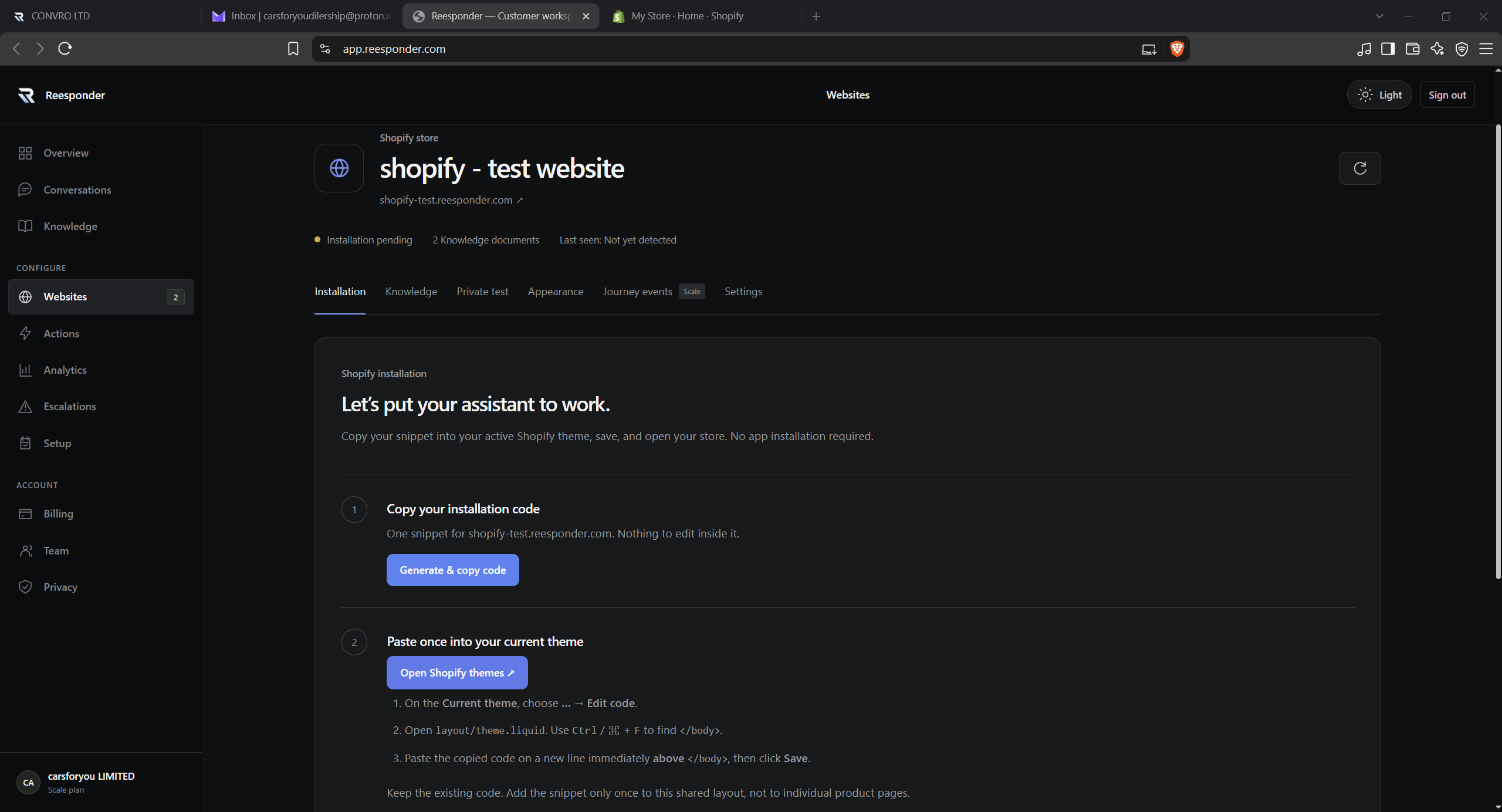 Open the website. Reesponder shows the Shopify installation guide.