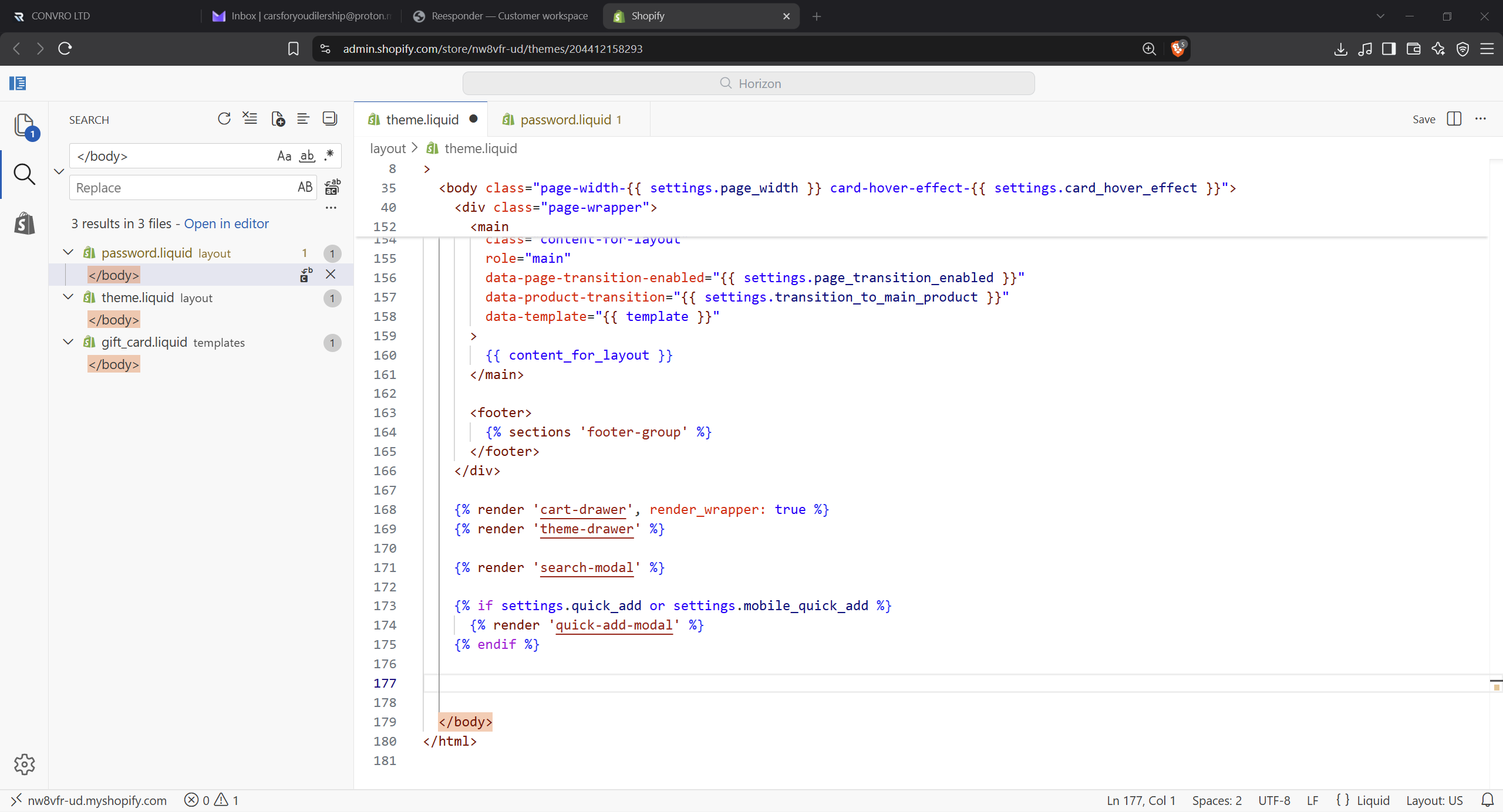 Before: find the closing body tag in layout/theme.liquid.