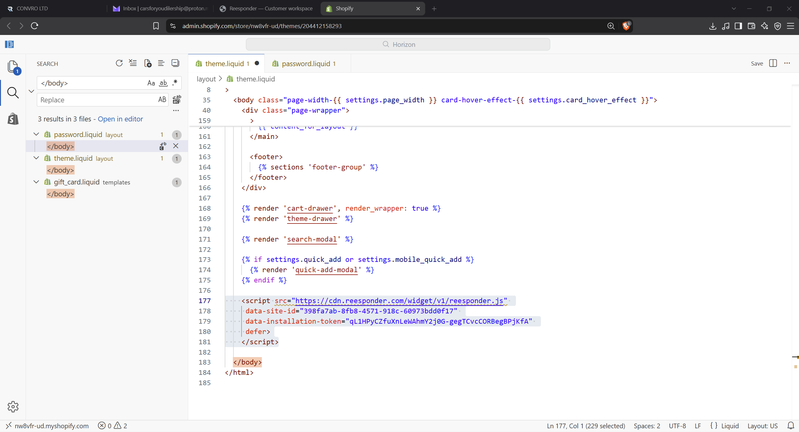 After: paste the complete snippet above the tag and click Save.