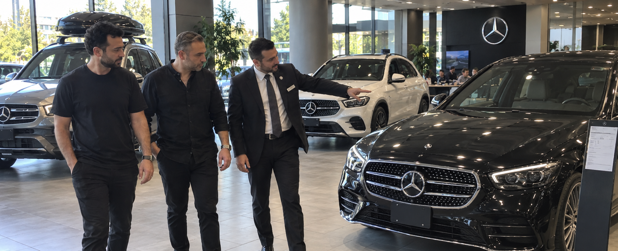 A sales advisor showing two customers a car inside a dealership.