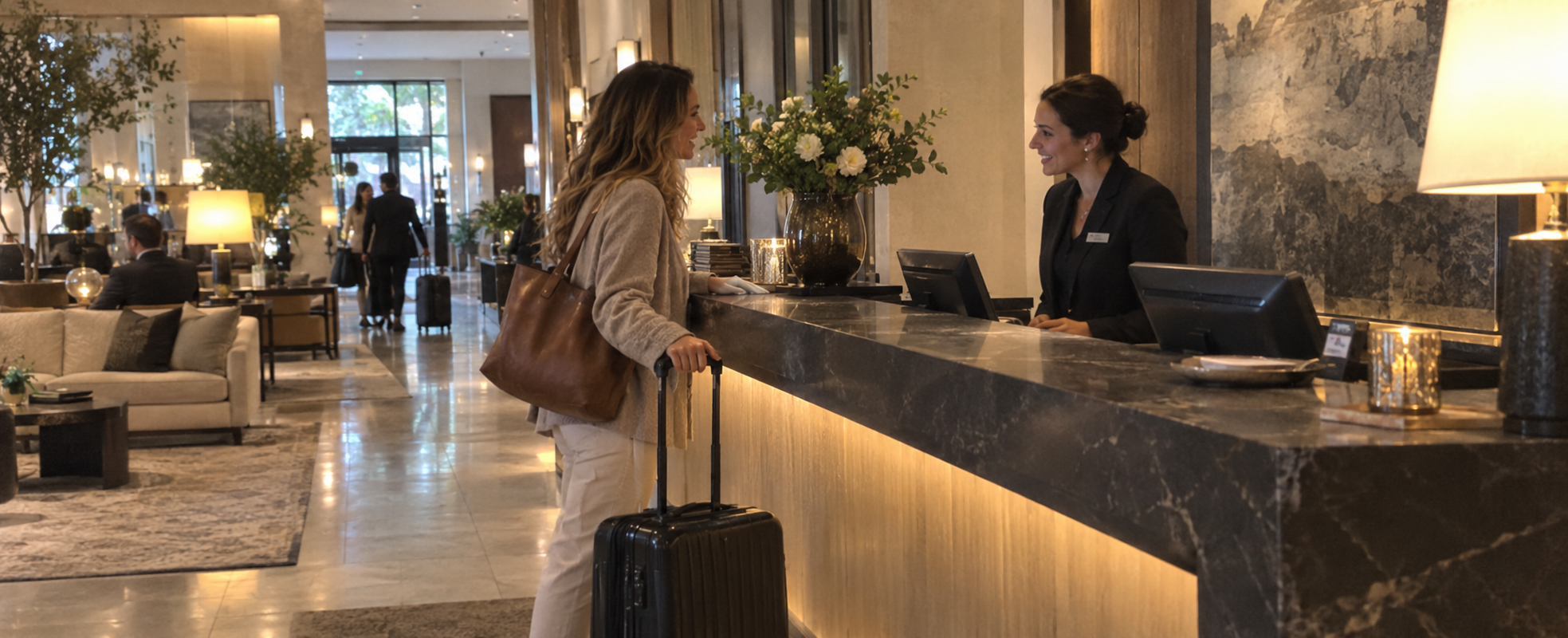 A guest with a suitcase talking with a hotel receptionist.