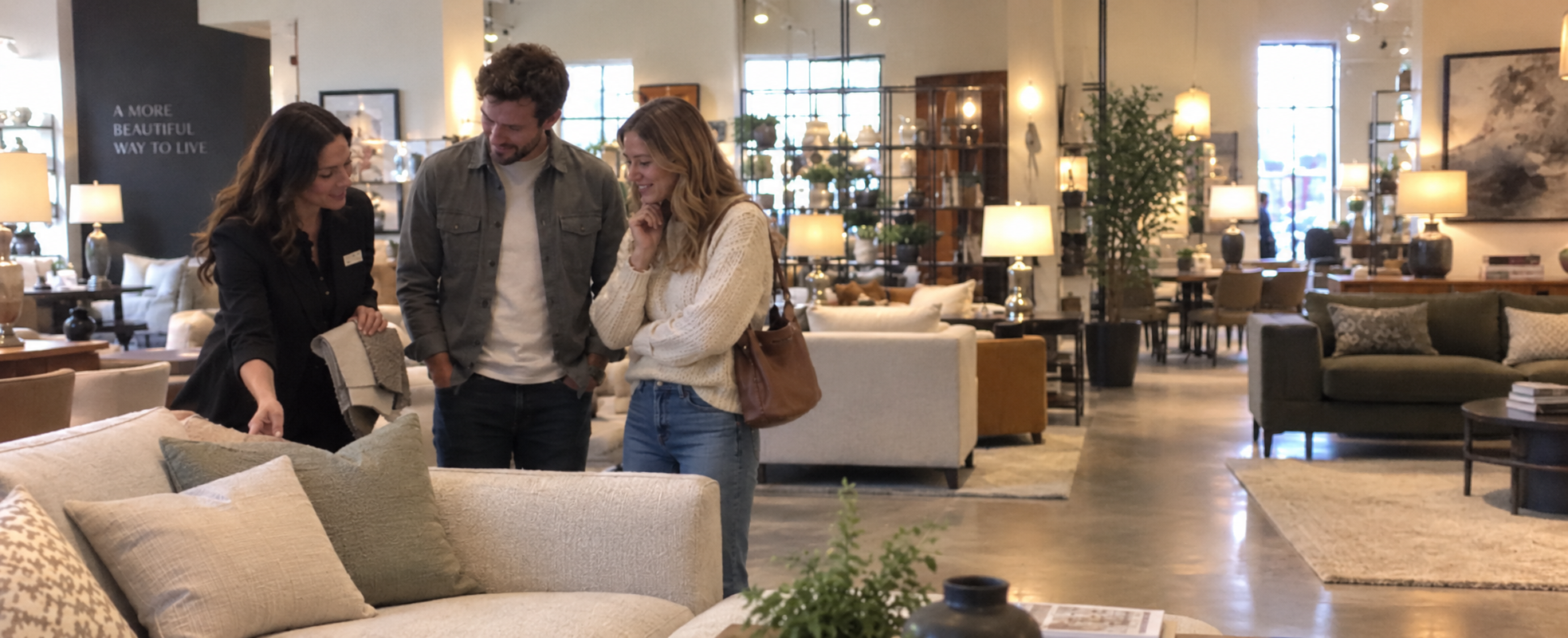 Two customers comparing sofa fabrics with a furniture showroom advisor.