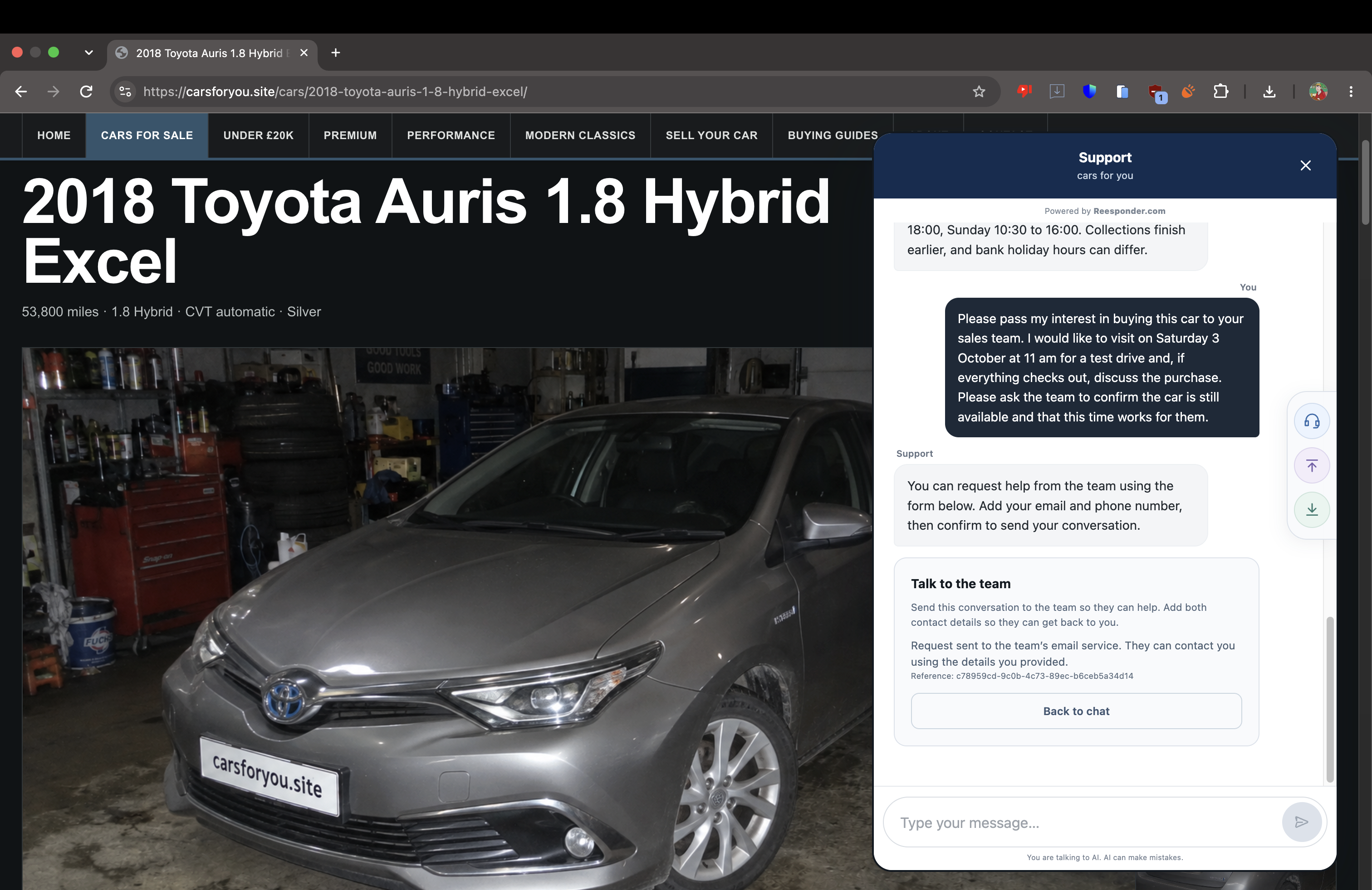 The widget shows the submitted request and its reference.