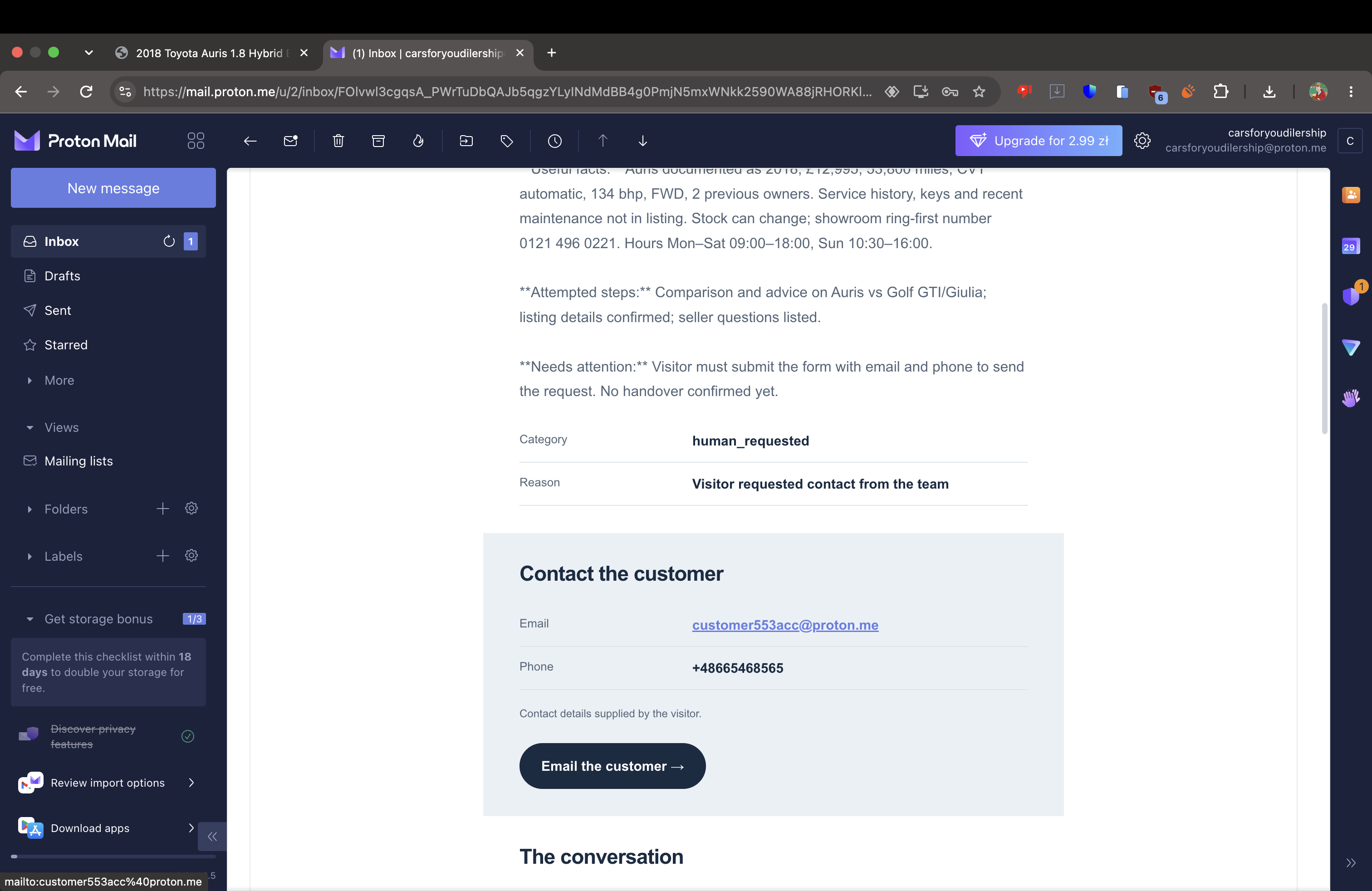 The email provides the customer’s contact details for direct follow-up.