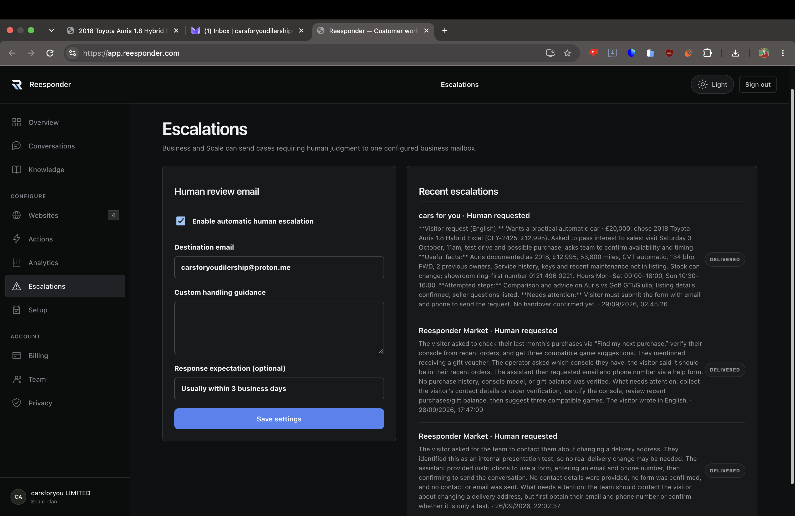 The Reesponder workspace shows the Cars for You escalation as Delivered.