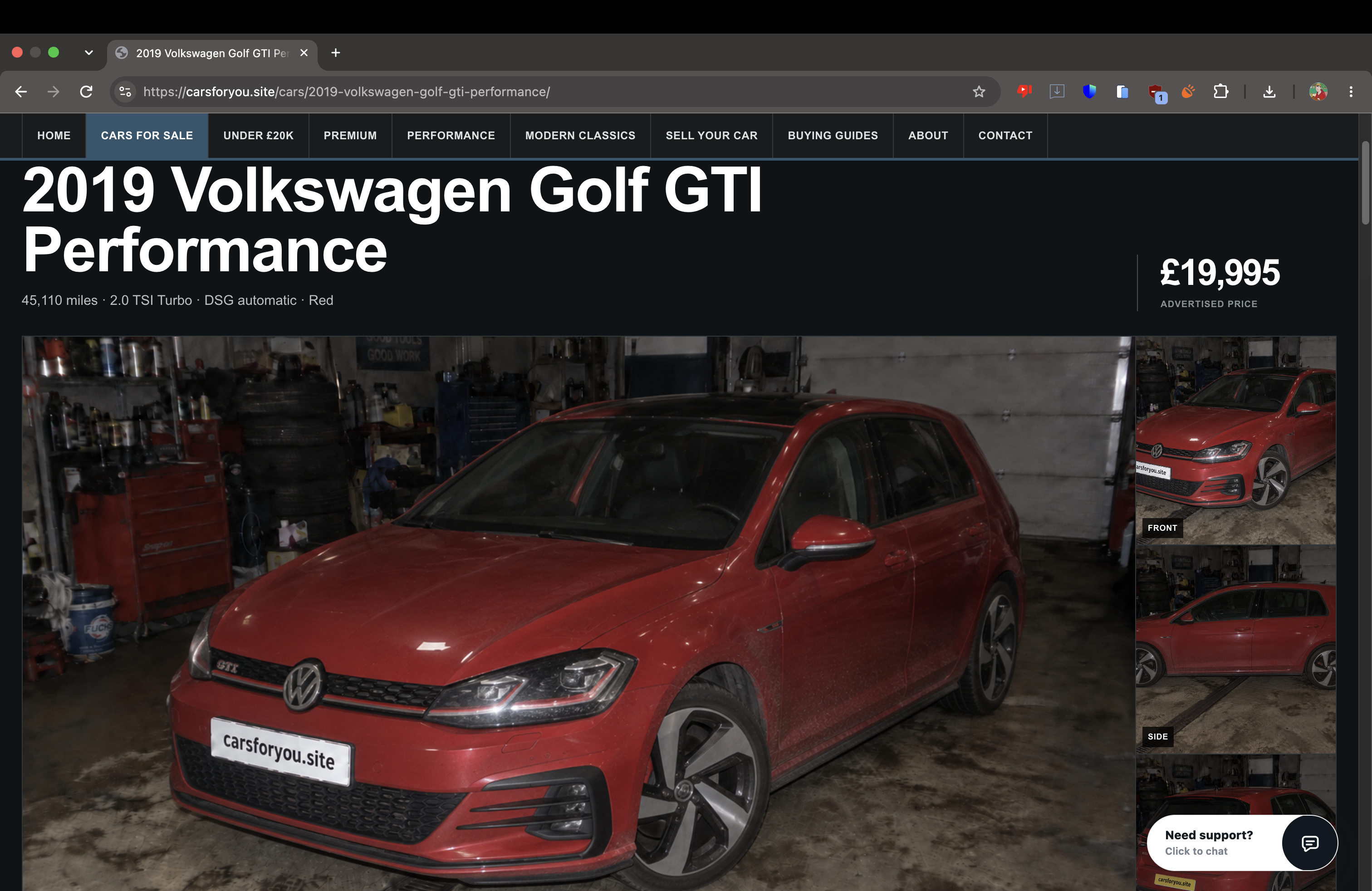 The customer opens the Golf GTI listing to inspect one of the suggested cars.