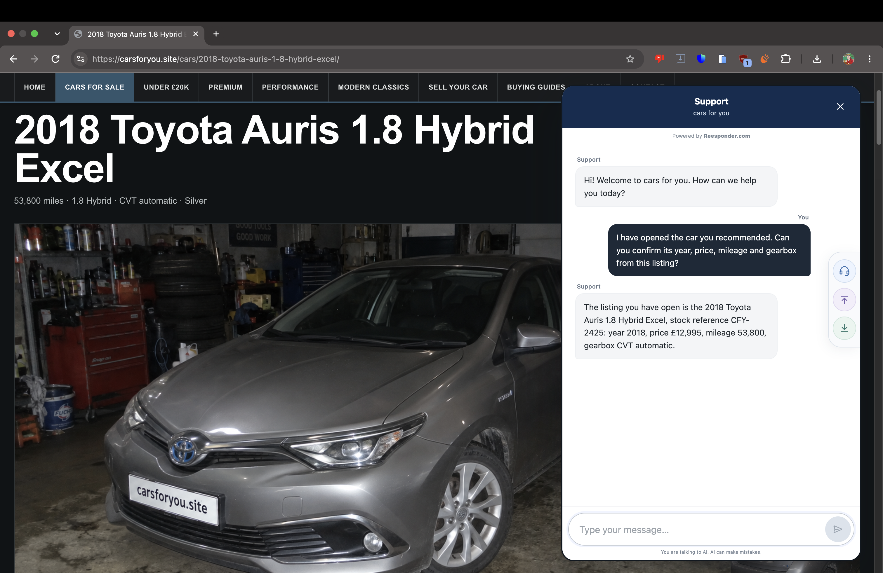 The answer identifies the open Auris listing and confirms its key specifications.