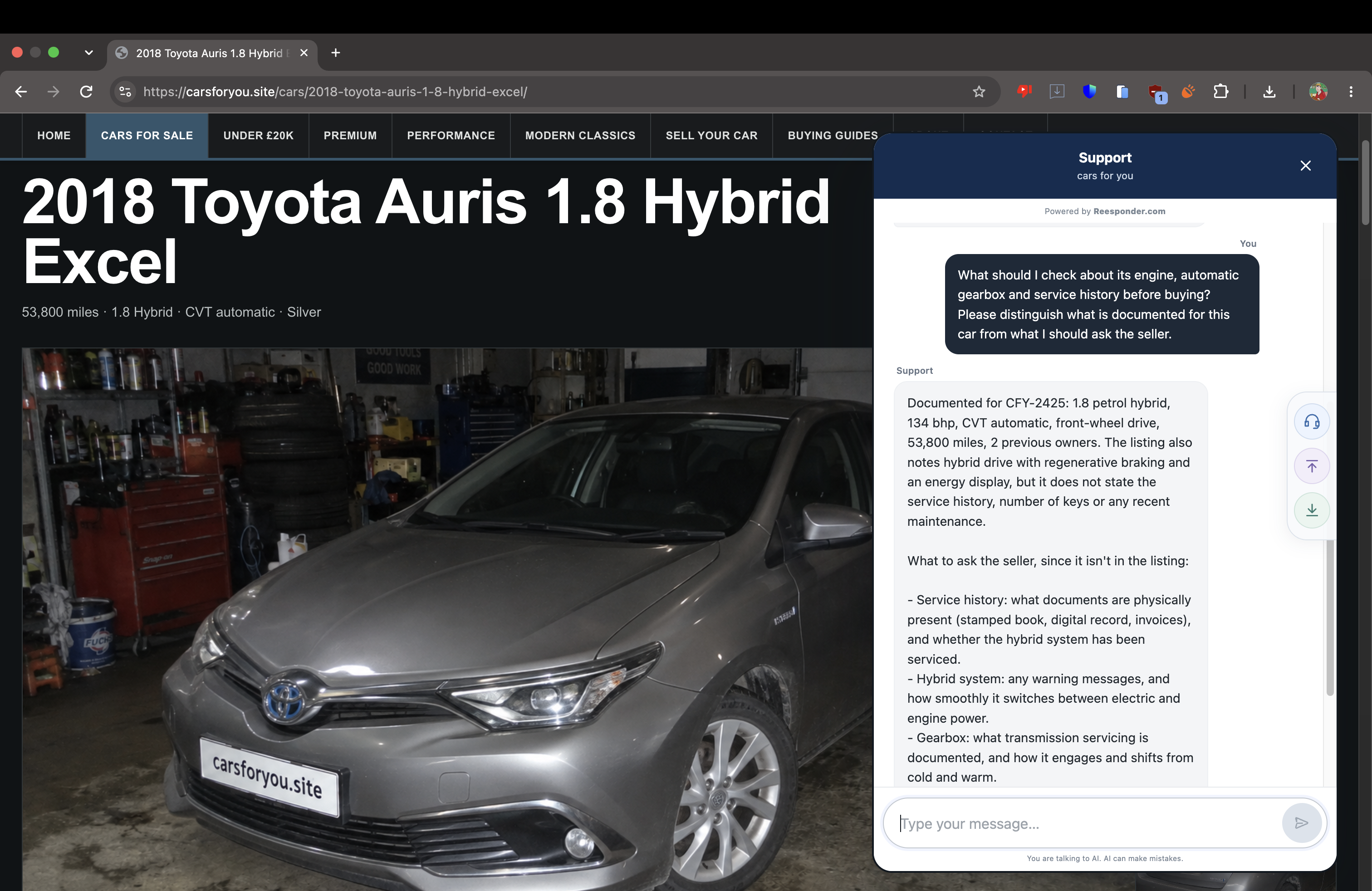 The assistant distinguishes listing facts from checks to make with the dealership.