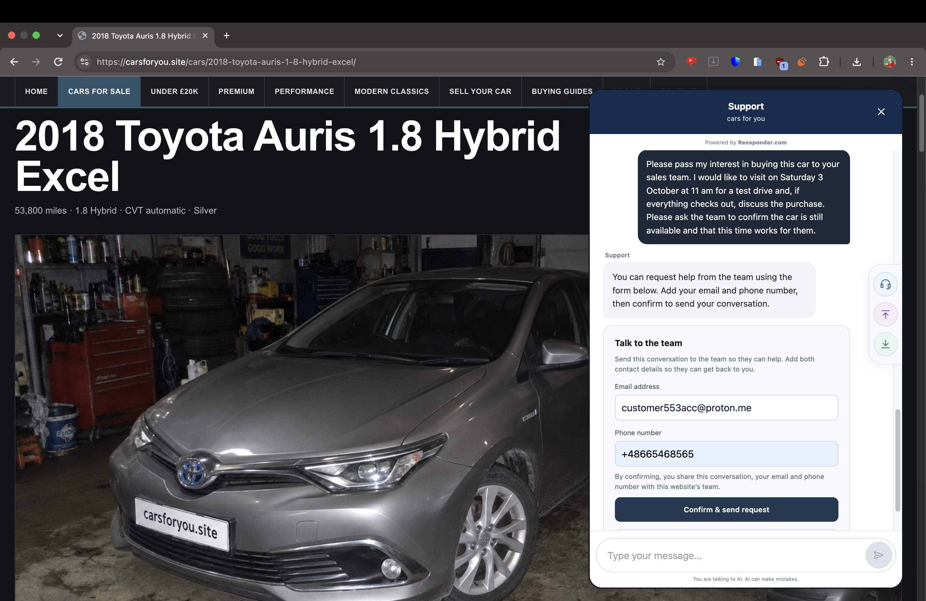 The customer requests a test drive and completes the contact form in the widget.